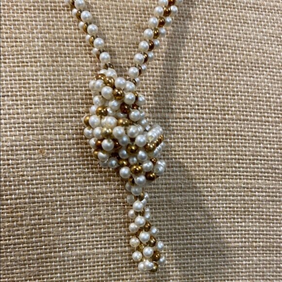 Gold and White beaded Necklace Knot Necklace - Picture 2 of 7